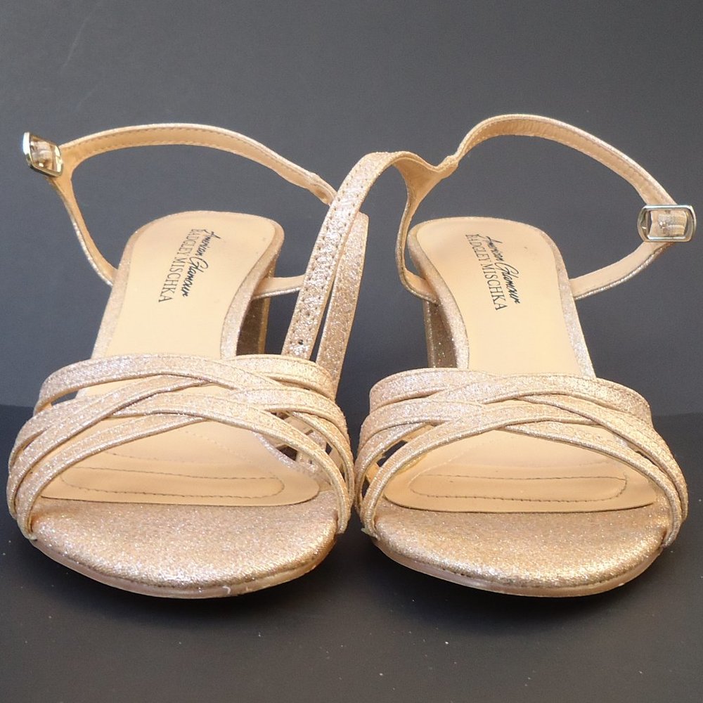 SIZE 6.5. BADGLEY MISCHKA American Glamour gold glitter block heels sandals. - Picture 4 of 16